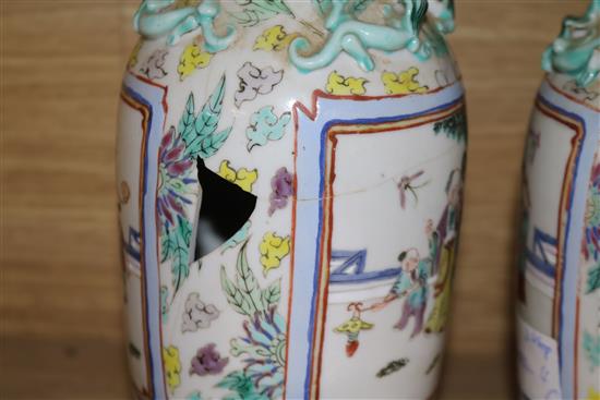 A Chinese crackle glaze bowl and jar, a pair of famille rose vases and two stone china plates